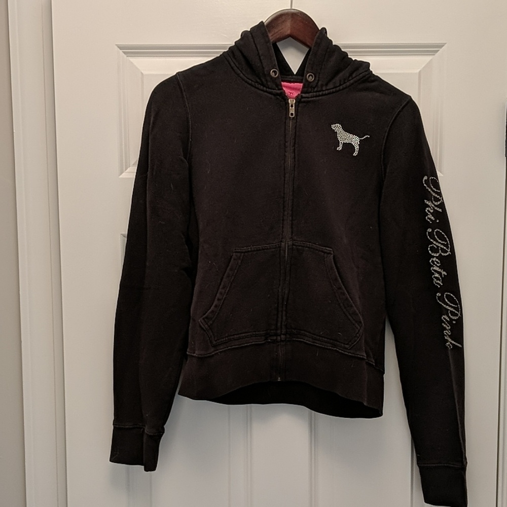 Pink Comfy Black Rhinestone Hooded Sweatshirt